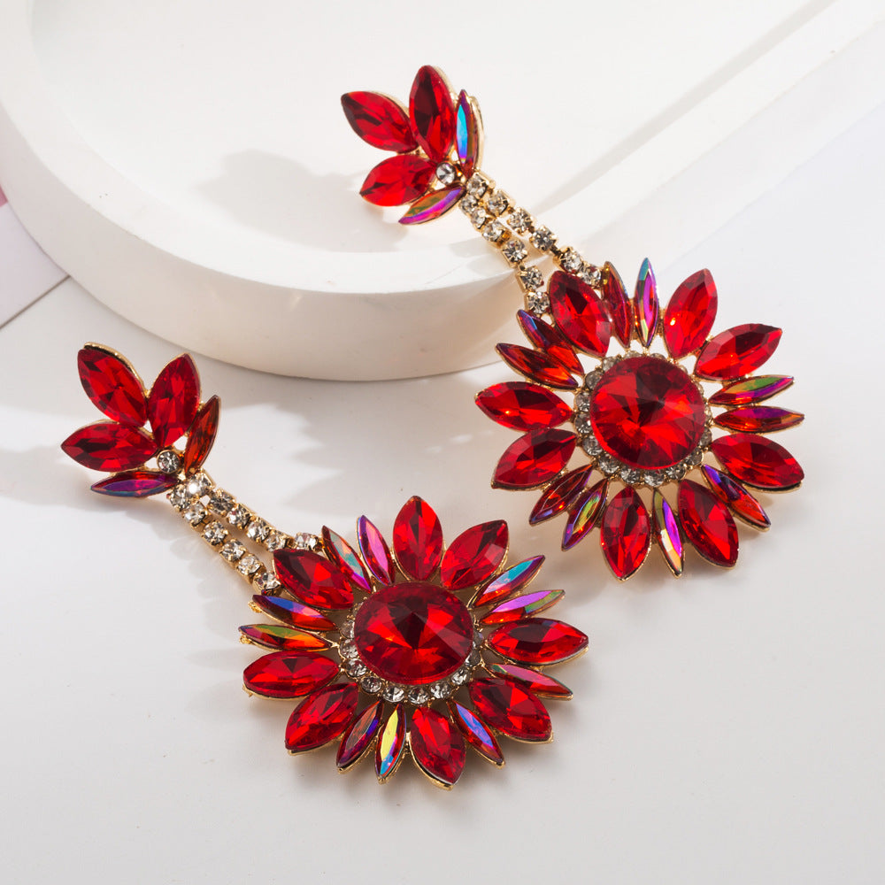 European and American new cross-border flower pendant earrings luxury exaggerated color full diamond round long banquet earrings wholesale