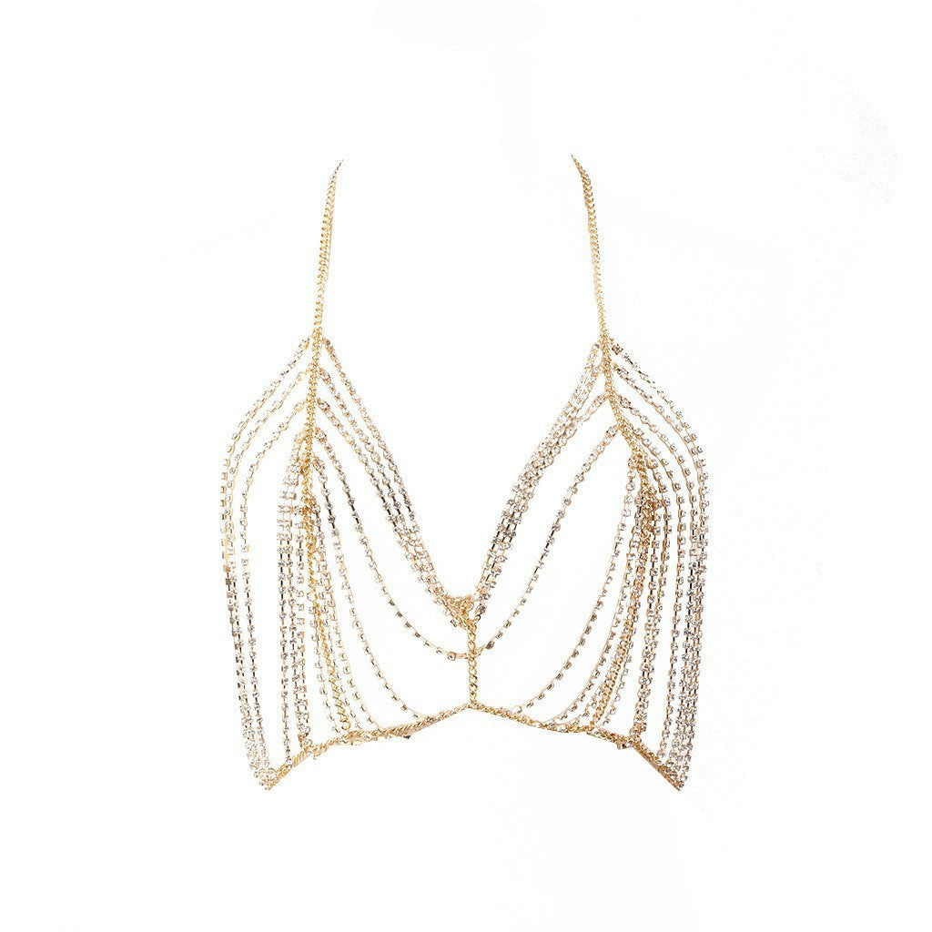 New European and American cross-border accessories fashion bra necklace handmade sexy hollow rhinestone metal body chain