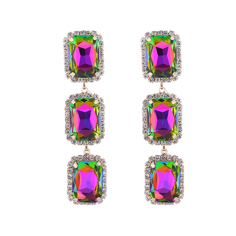 European and American fashion jewelry, square diamonds, zircon, gemstones, colored gemstones, studs, rectangular crystal earrings, earrings, high-end wholesale