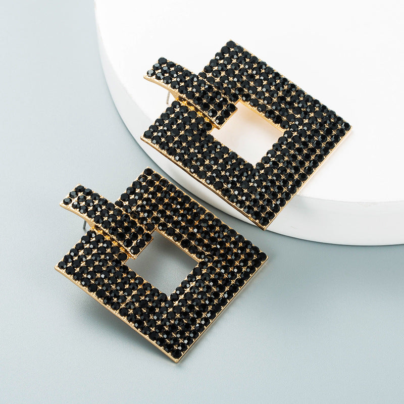 ins European and American fashion color rhinestone series hollow square earrings Personality and creativity full of diamonds and super flash temperament studs