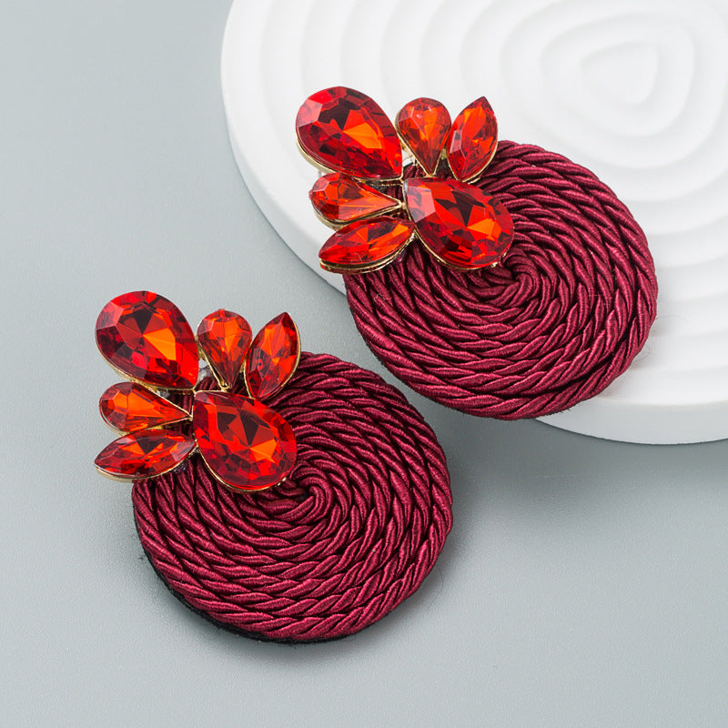 European and American fashion trends exaggerated earrings alloy color rhinestone polyester stretch thread woven round earrings wholesale