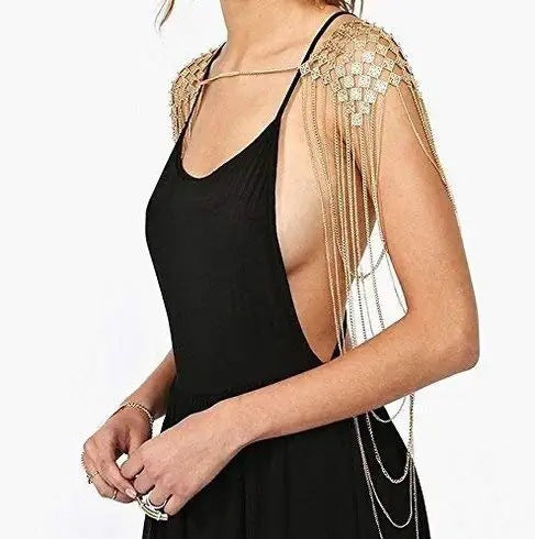 2024 summer new European and American cross-border personality exaggerated heavy metal iron sheet texture tassel shoulder chain body chain