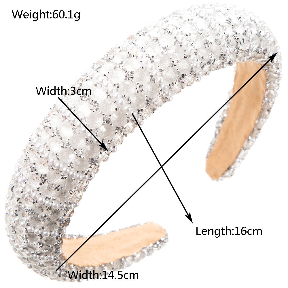 European and American new rhinestone pearl sponge headband baroque full diamond fashion versatile wide-brimmed hair headband women