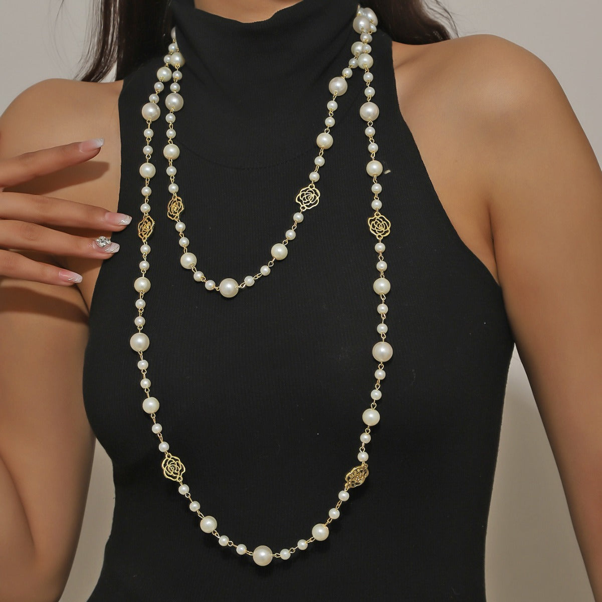 New double-layered long pearl necklace jewelry, new Chinese high-end temperament, versatile long necklace accessories