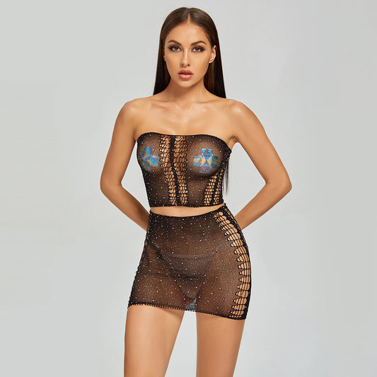Yue Die spot new erotic underwear full of stars mesh hot diamond temptation net two-piece uniform T1018