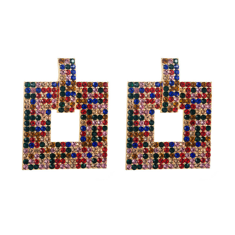 ins European and American fashion color rhinestone series hollow square earrings Personality and creativity full of diamonds and super flash temperament studs