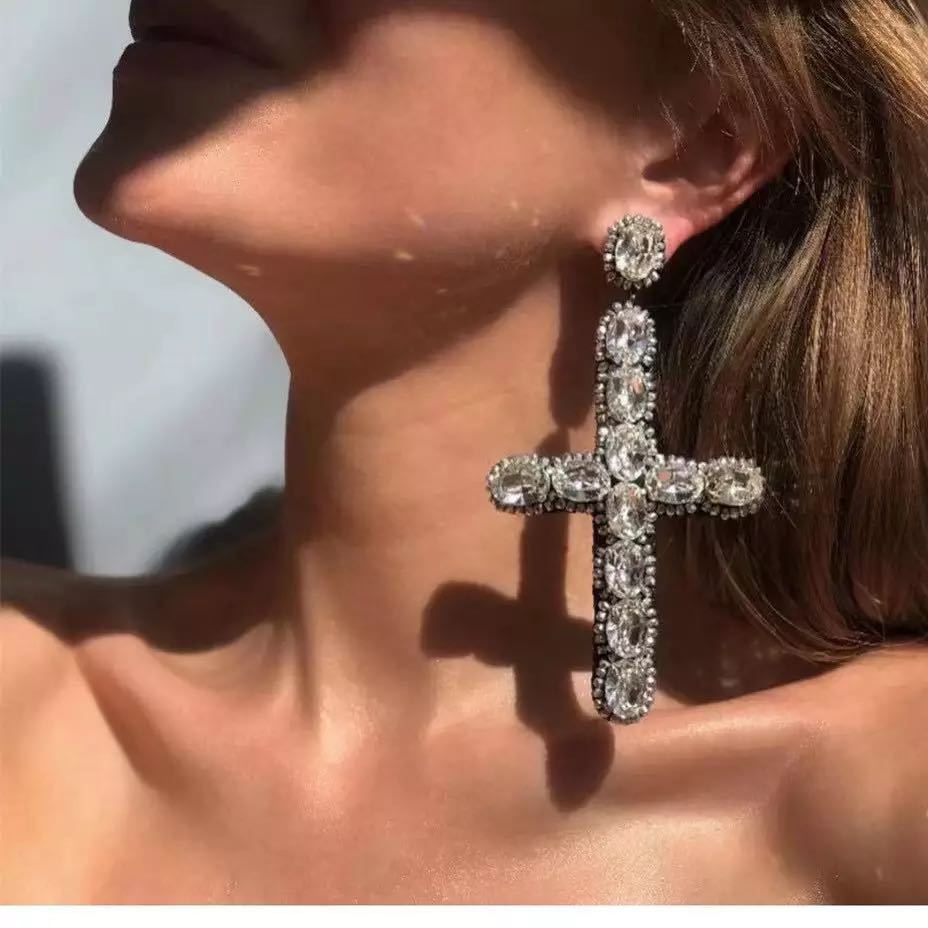 European and American style fashion exaggerated personality alloy set color diamond cross shape long earrings women's high-end earrings earrings