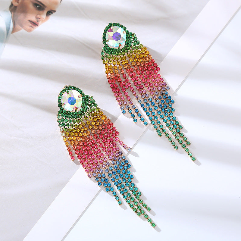 Korean version exaggerated light luxury style earrings long gradient color diamond tassel earrings female cold wind claw chain stud earrings wholesale