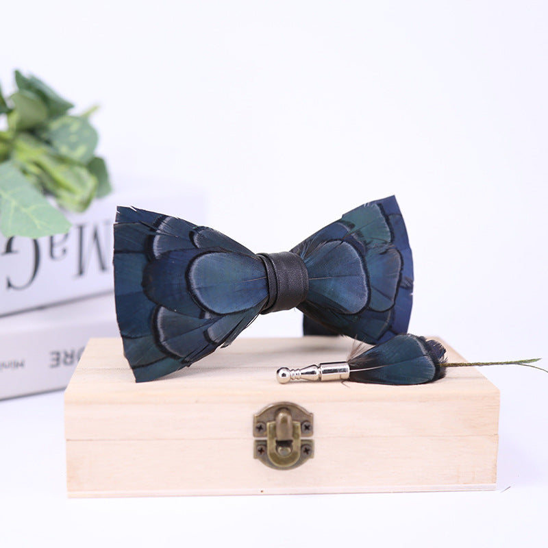 275 ink blue men's bow tie feathers bird feather nightclub marriage groom man wedding suit collar flower dark green bow tie