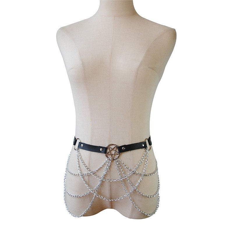 The new European and American cross-border personality leather women's punk waist chain exaggerated multi-layer cross cut-out jewelry body chain
