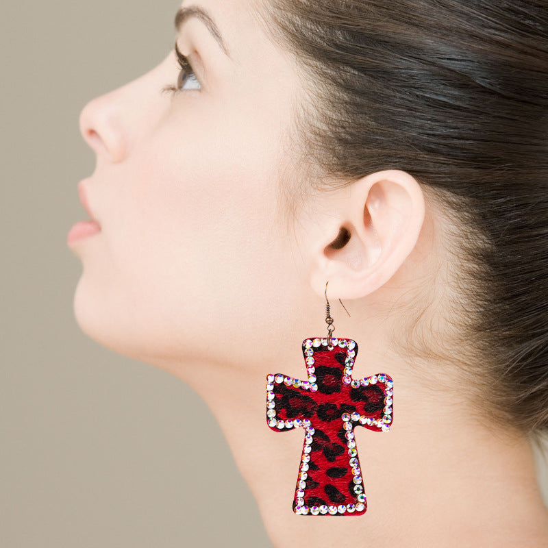 European and American personality exaggerated cross-shaped double-sided printed leather leopard print earrings long full of diamonds retro ins earrings