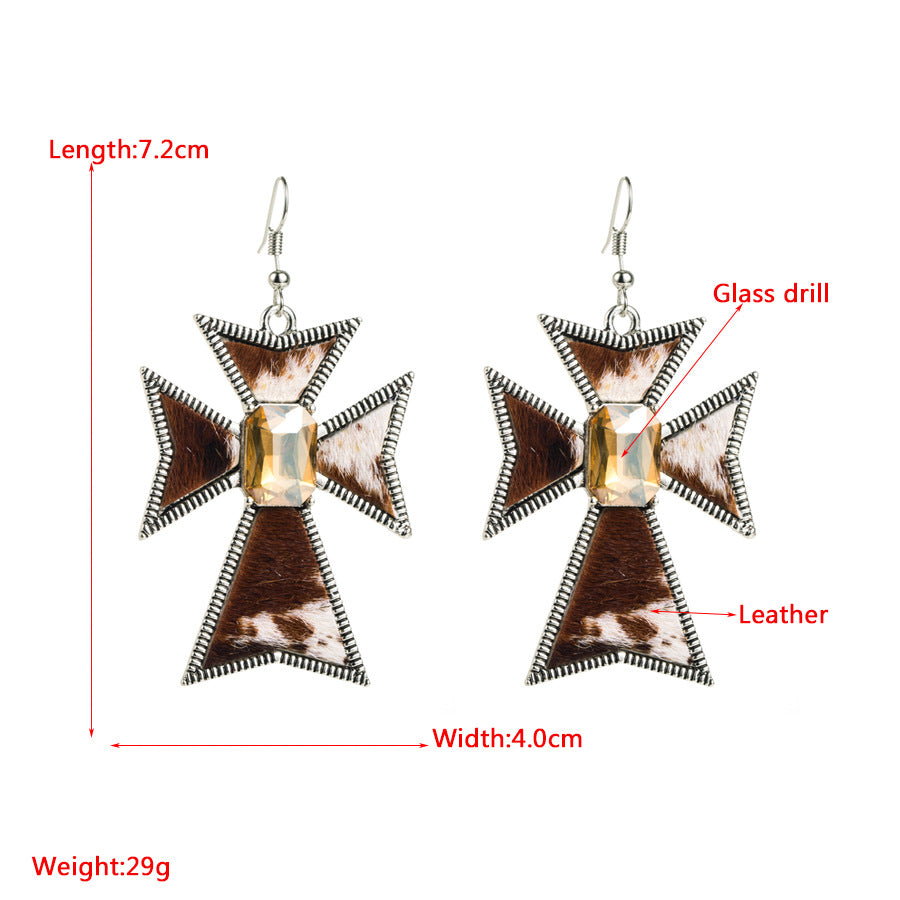 European and American trend retro creative cross earrings women's alloy inlaid glass diamond leopard print leather street style temperament earrings