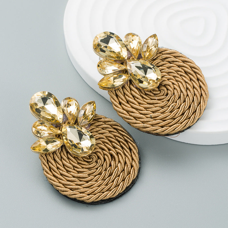 European and American fashion trends exaggerated earrings alloy color rhinestone polyester stretch thread woven round earrings wholesale