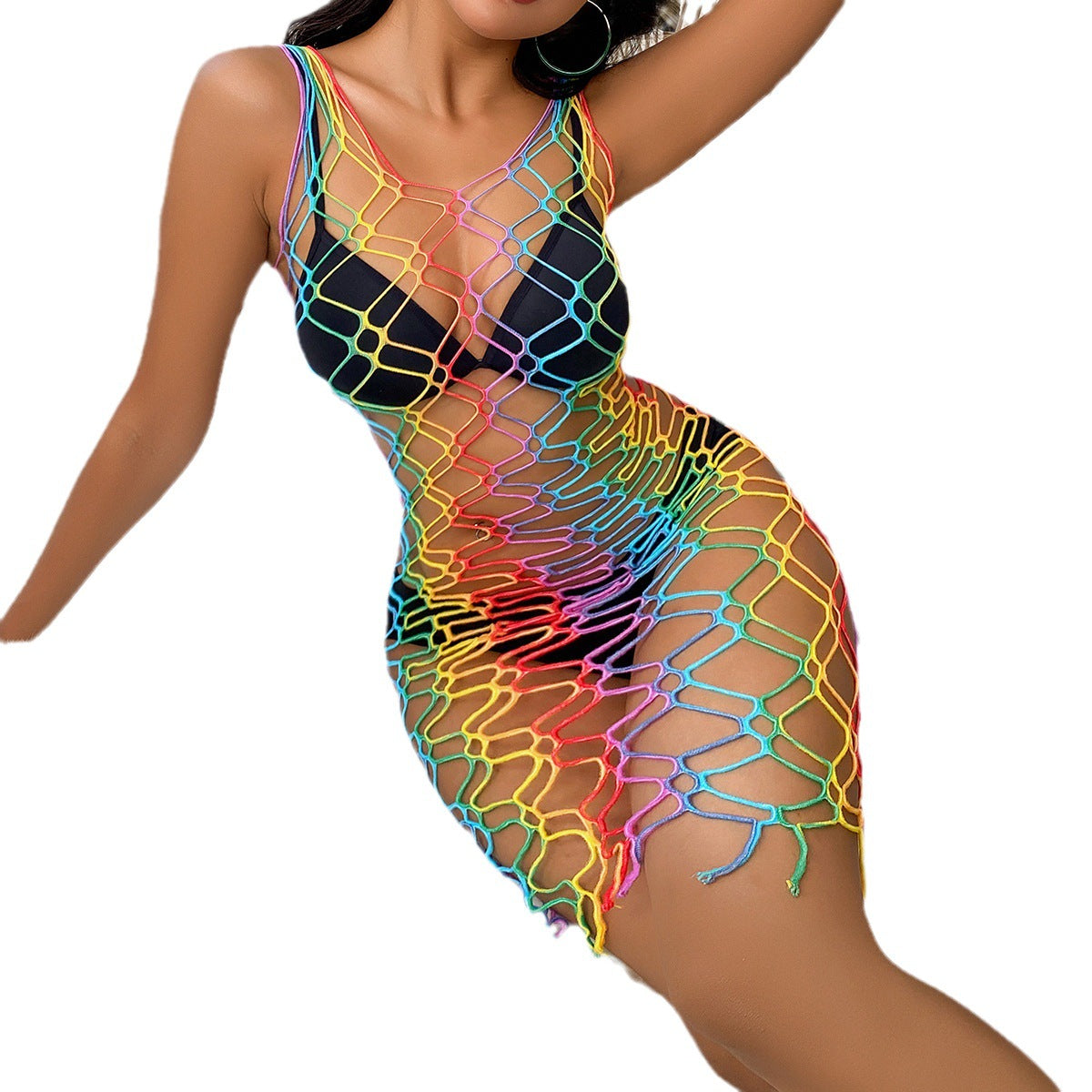 Yuedie's new cross-border hot high-elastic see-through outfit hollow fishing net sexy color stripe series erotic net combination