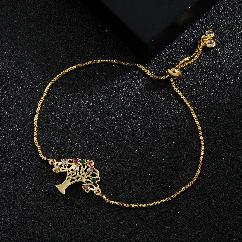 European and American fashion personality copper plated real gold micro inlaid zircon tree shape bracelet simple pastoral style bracelet accessories women