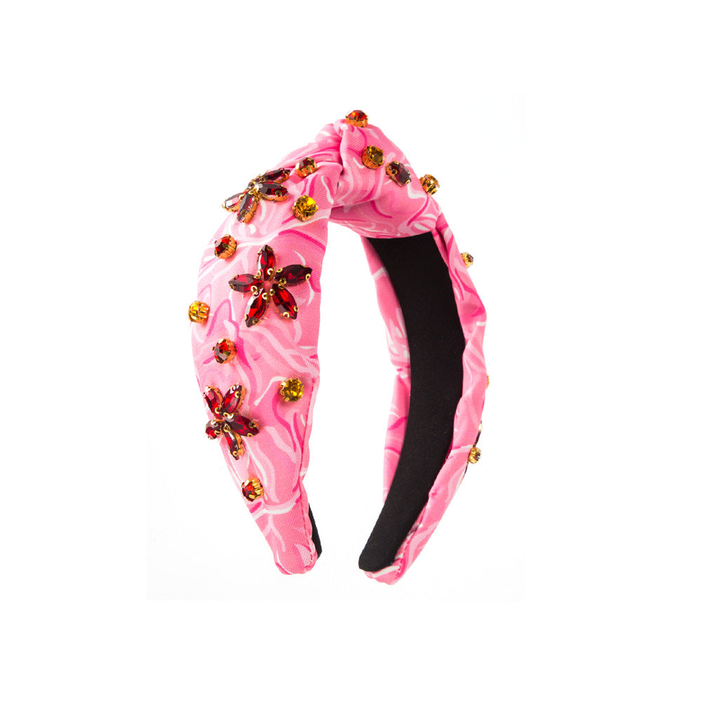 European and American new fashion retro printing and dyeing fabric headbands, hand-sewn glass diamonds, floral temperament, banquet hair accessories