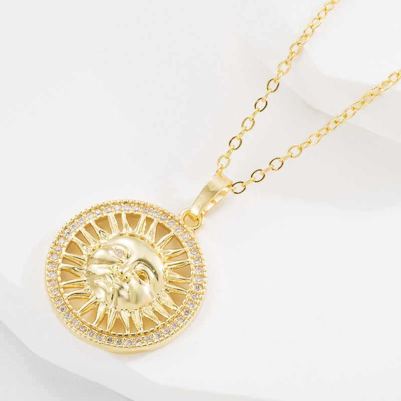 European and American cross-border new ins style creative sun pendant exaggerated personality necklace copper gold-plated diamond versatile jewelry