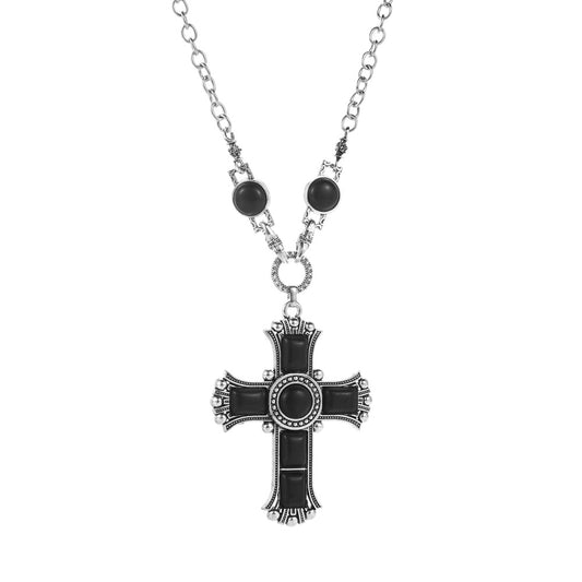 European and American retro exaggerated personality cross-shaped necklace women's multi-layer alloy inlaid turquoise sweater chain pendant jewelry