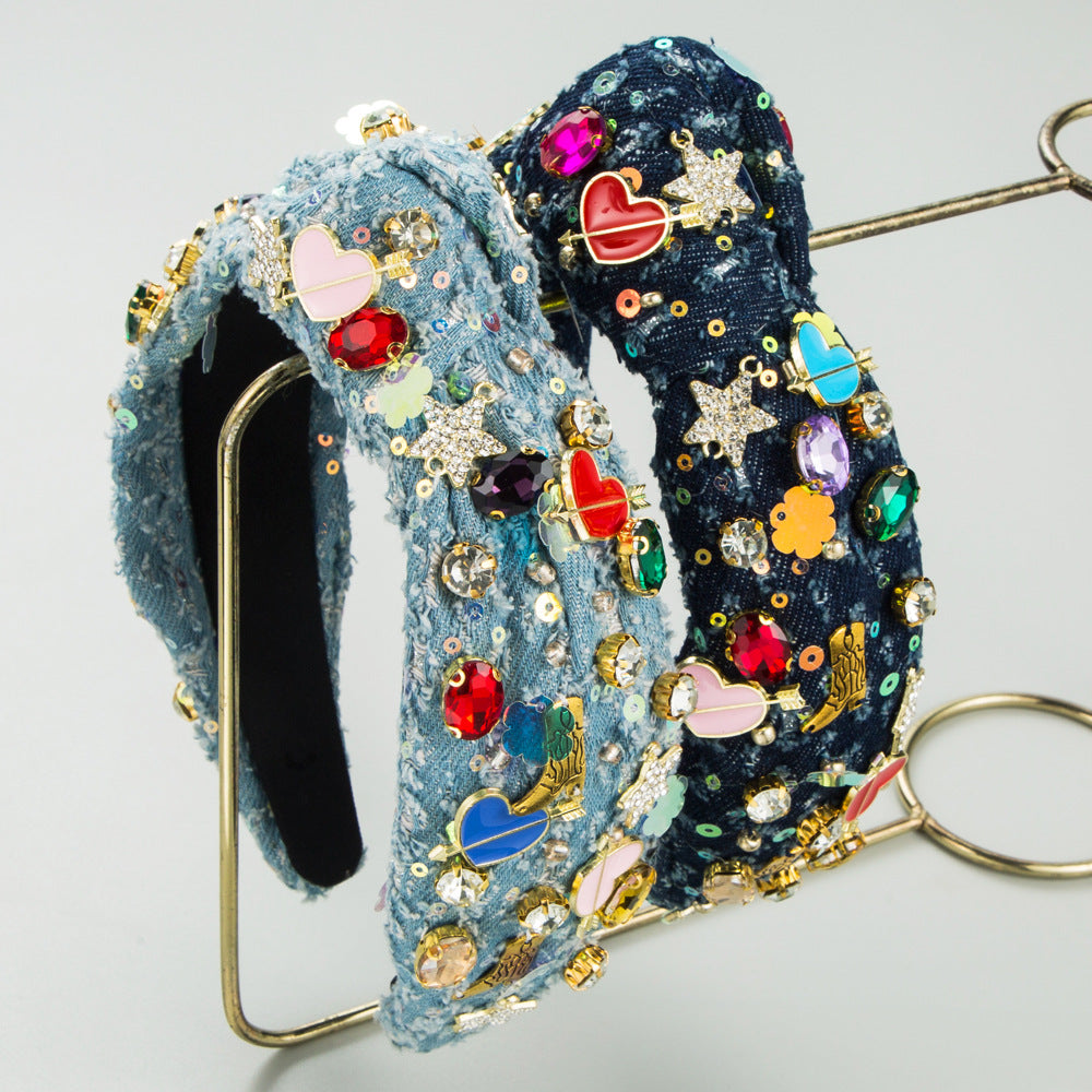 European and American fashion trends, love accessories, headbands, women's hand-sewn glass diamonds, denim hair accessories, cross-border supply