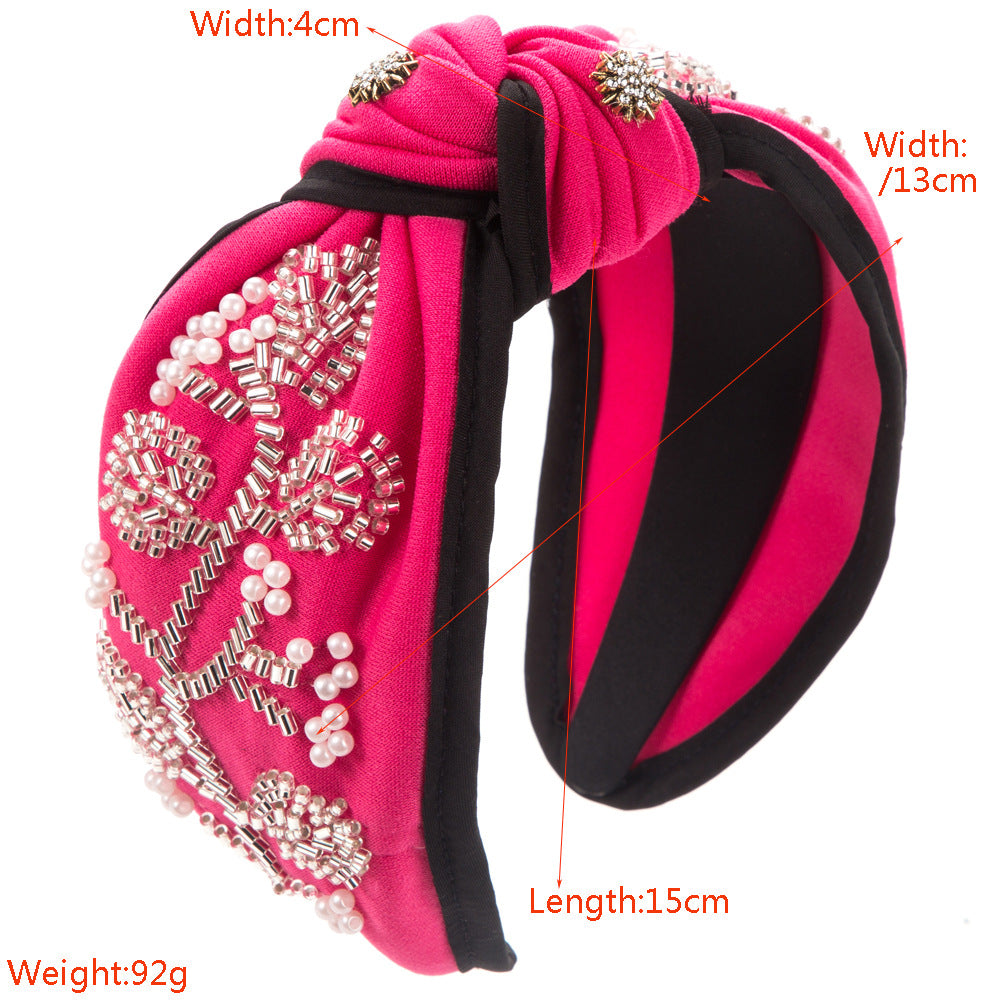 European and American fashion new wide-brimmed knotted high skull headband, hand-sewn glass floral, high-end banquet hair accessories