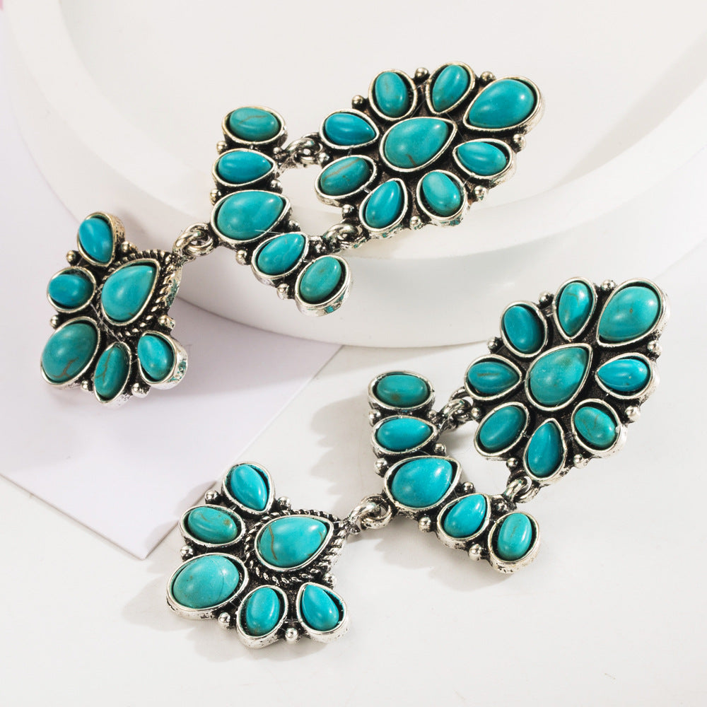 European and American retro bohemian ethnic style temperament earrings women's personality multi-layer alloy inlaid turquoise colored diamond earrings