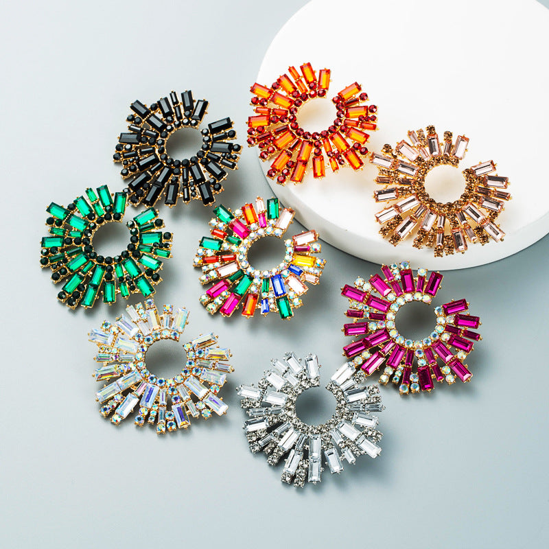 European and American cross-border alloy inlaid colorful rhinestone sunflower earrings female super flash hipster dinner earrings earrings