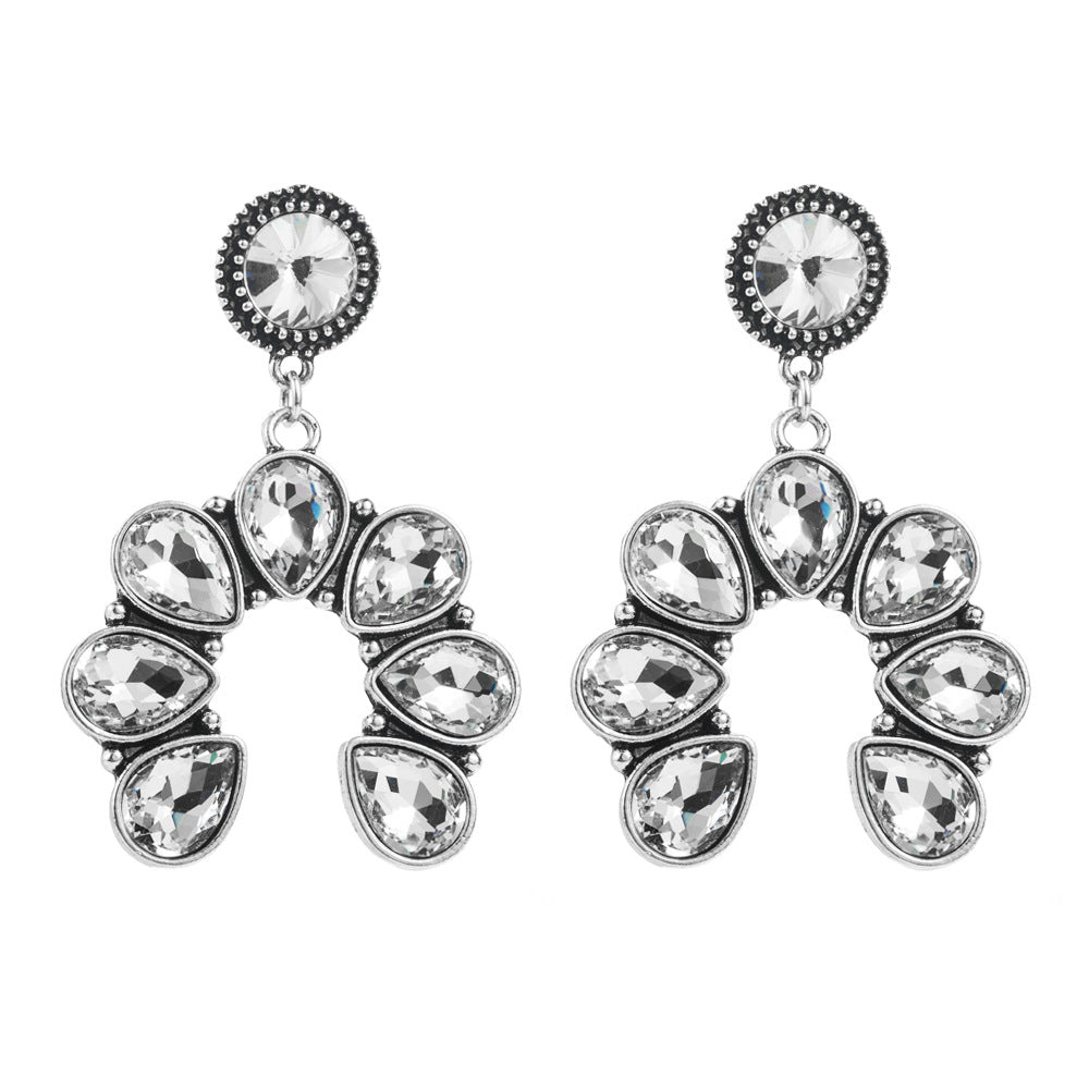 European and American new fashion exaggerated earrings, ultra-flash alloy, diamond-encrusted fan-shaped personality, long prom earrings, cross-border supply