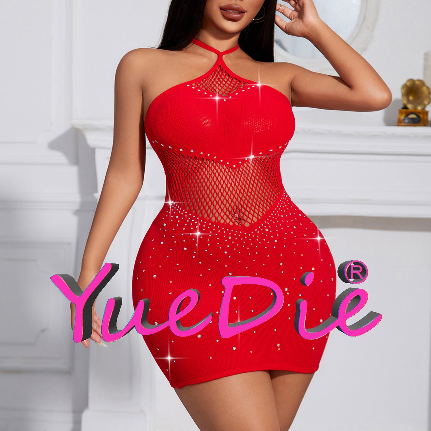 Yue Die, European and American New Suspender Hot Diamond Dress, Hollow Temptation Hip Skirt, Sexy Tight Mesh Skirt CYT706