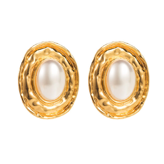 European and American new exaggerated earrings, alloy oval inlaid pearl stud earrings, retro versatile, high-end banquet earrings