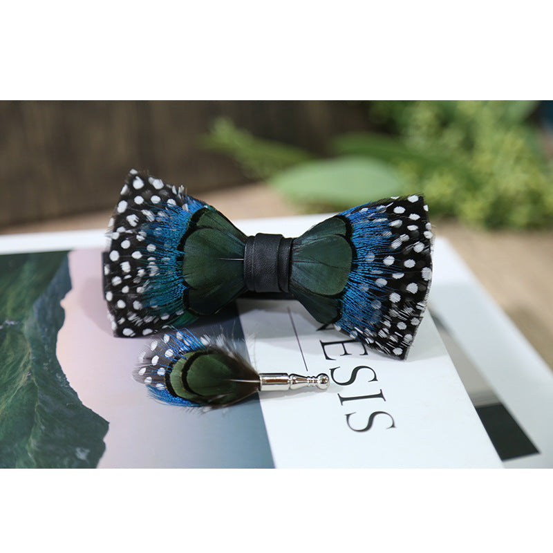 black and white dot peacock blue feather man host groom groomsmen group butterfly wedding bow tie spot