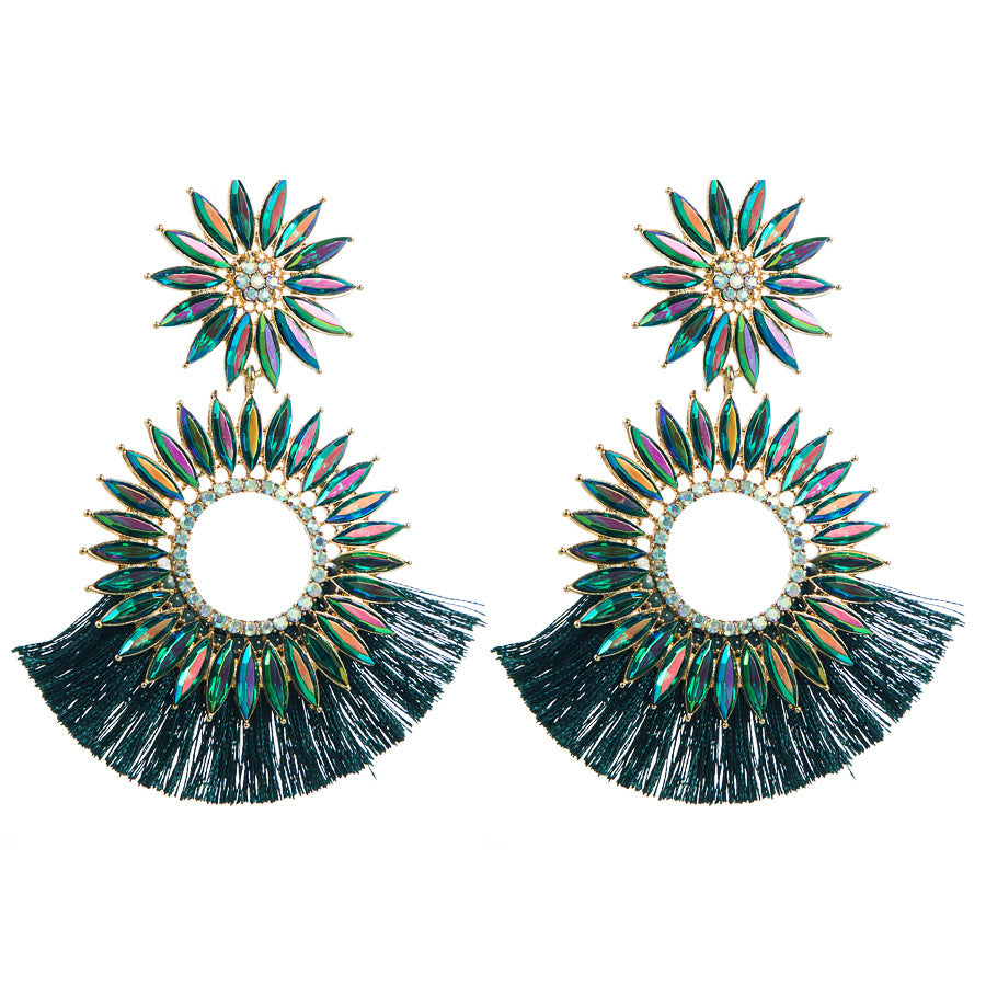 European and American style fashion exaggerated earrings, round sunflowers, diamonds, tassel earrings, high-end bohemian style earrings