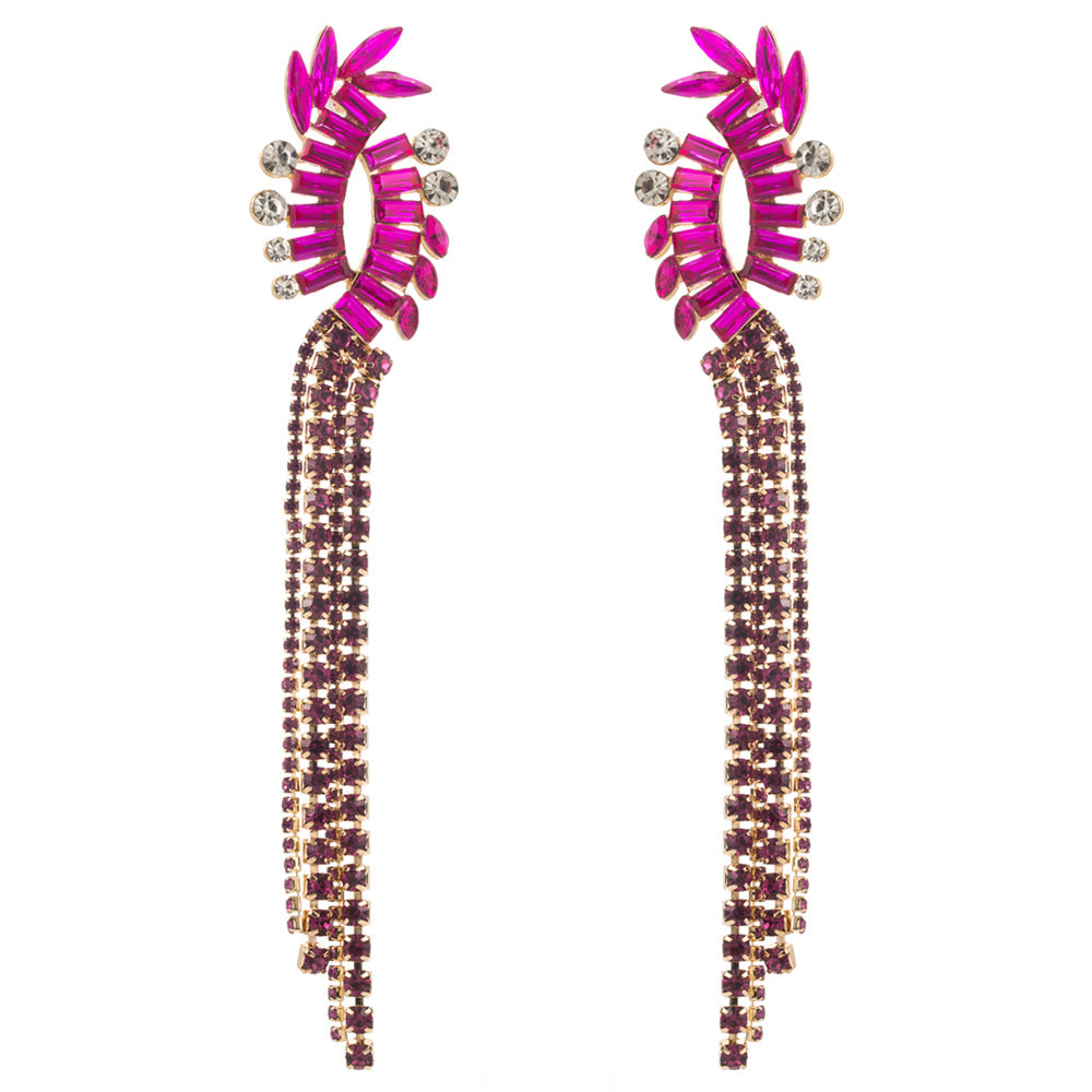 European and American fashion new claw chain tassel earrings, light luxury alloy inlaid with colored diamonds, long temperament, high-end party earrings