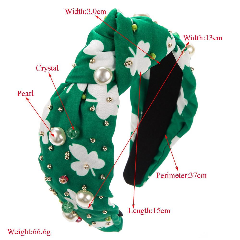 Trendy new Irish holiday headband, green checkered floral fabric, hand-stitched pearl glass diamond temperament, niche hair accessories