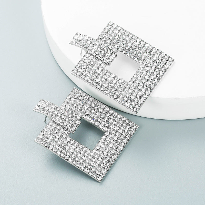 ins European and American fashion color rhinestone series hollow square earrings Personality and creativity full of diamonds and super flash temperament studs