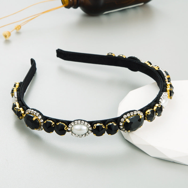 Korean New Fashion Luxury Colored Diamond Gem Headband Women's Baroque Rhinestone Pearl Thin Edge Headband Headband