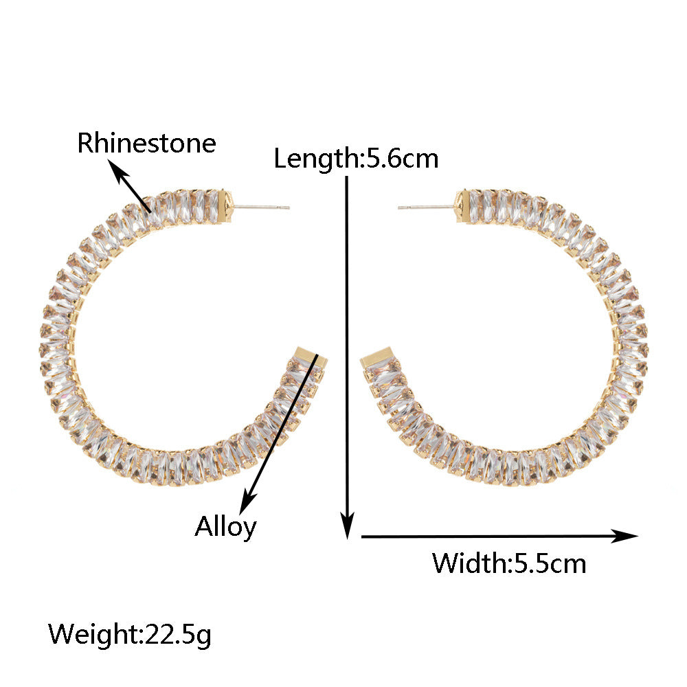 European and American creative personality alloy set with colored diamonds C-shaped exaggerated earrings fashion niche high-end party earrings wholesale