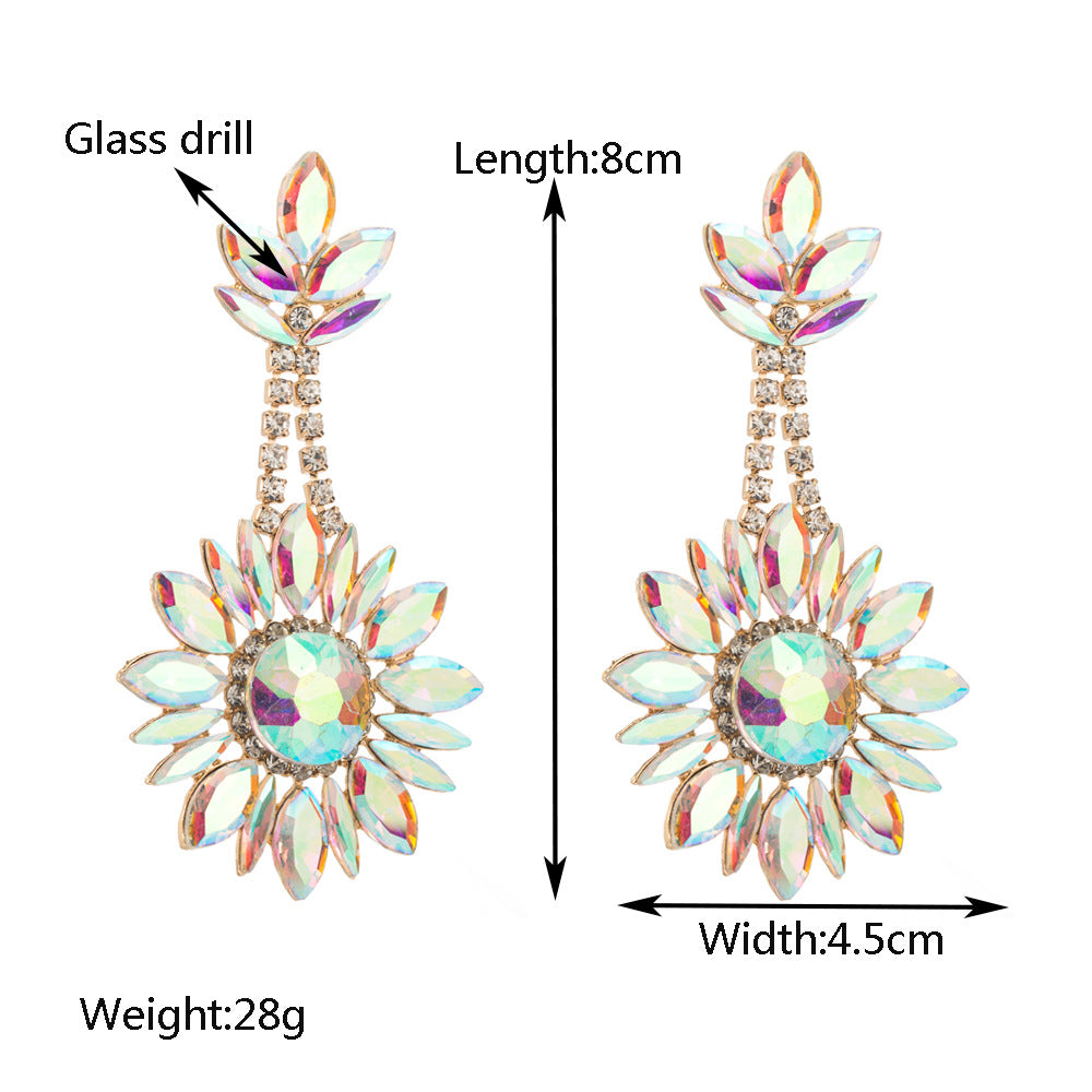 European and American new cross-border flower pendant earrings luxury exaggerated color full diamond round long banquet earrings wholesale