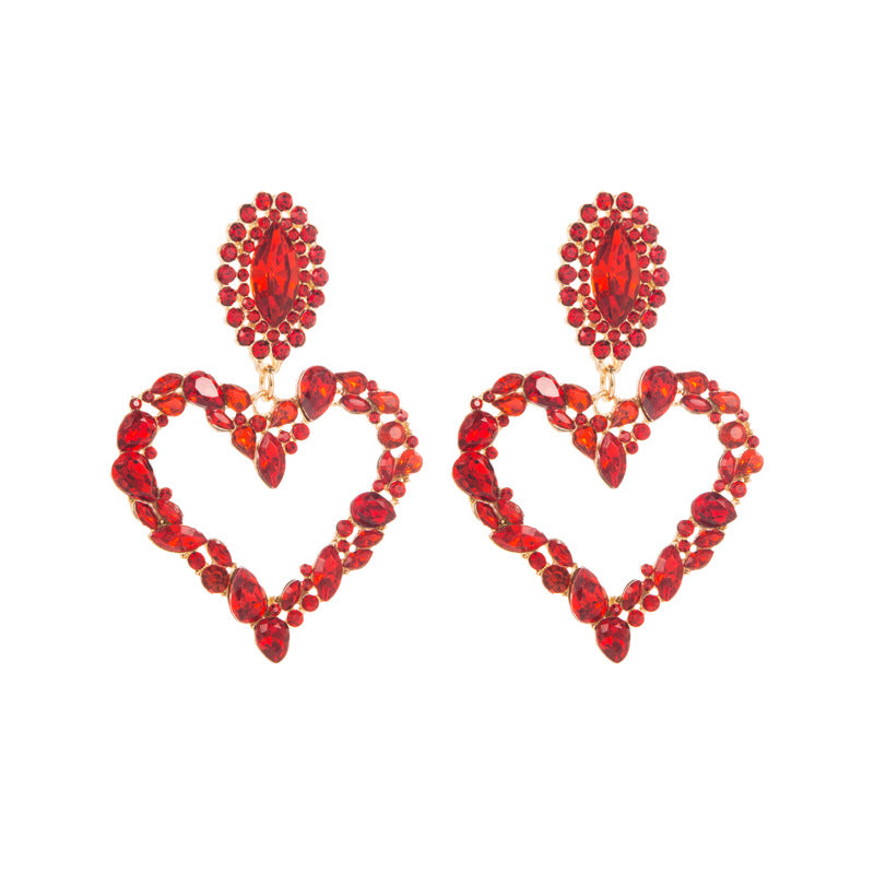 European and American popular heart-shaped alloy set with colored diamonds, retro temperament, exaggerated earrings, women's Korean version of the hipster, super flashy full of diamond earrings