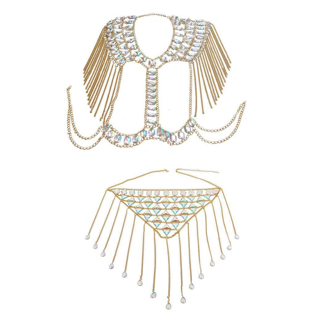 2023 European and American cross-border new sexy nightclub beach gem tassel small vest waist chain set body chain