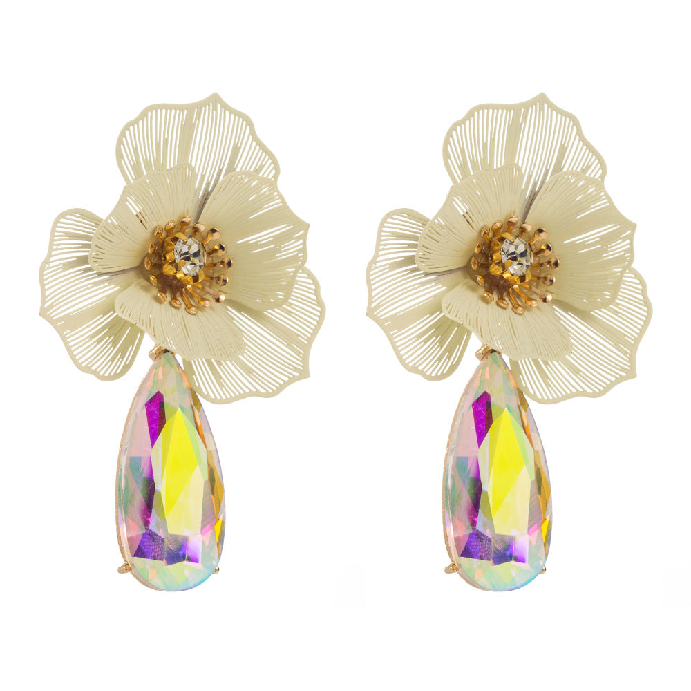 European and American trend: summer diamond-studded flower earrings, exaggerated personality, creative dazzling water drop earrings, light luxury temperament earrings