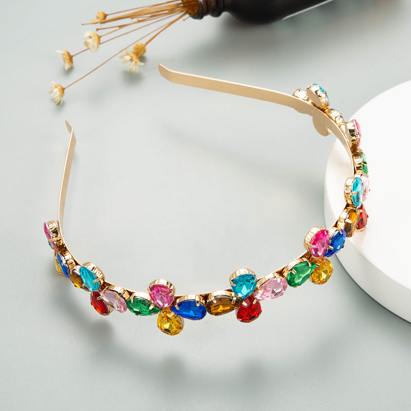 Cross-border trend alloy set with colored diamonds, ultra-shining pearls, floral headbands, women's baroque style colored thin-edged headbands, hairbands