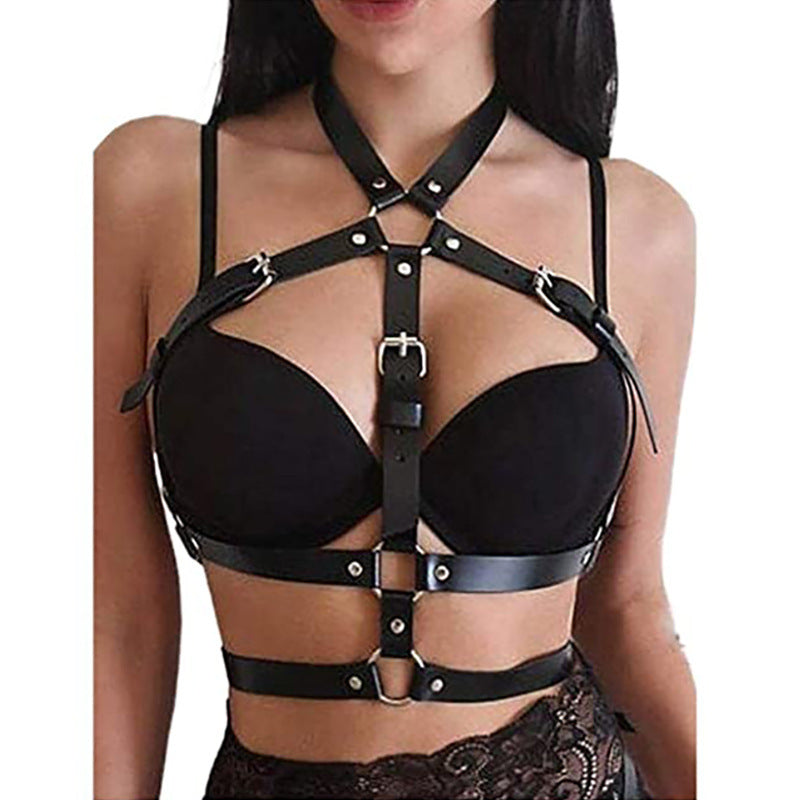 New European and American cross-border new street photography fashion punk style leather bra sexy exaggerated bondage body chain HOT