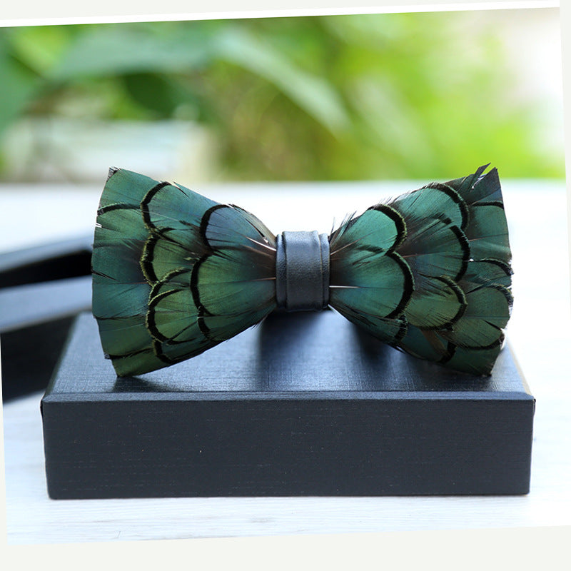 275 ink blue men's bow tie feathers bird feather nightclub marriage groom man wedding suit collar flower dark green bow tie