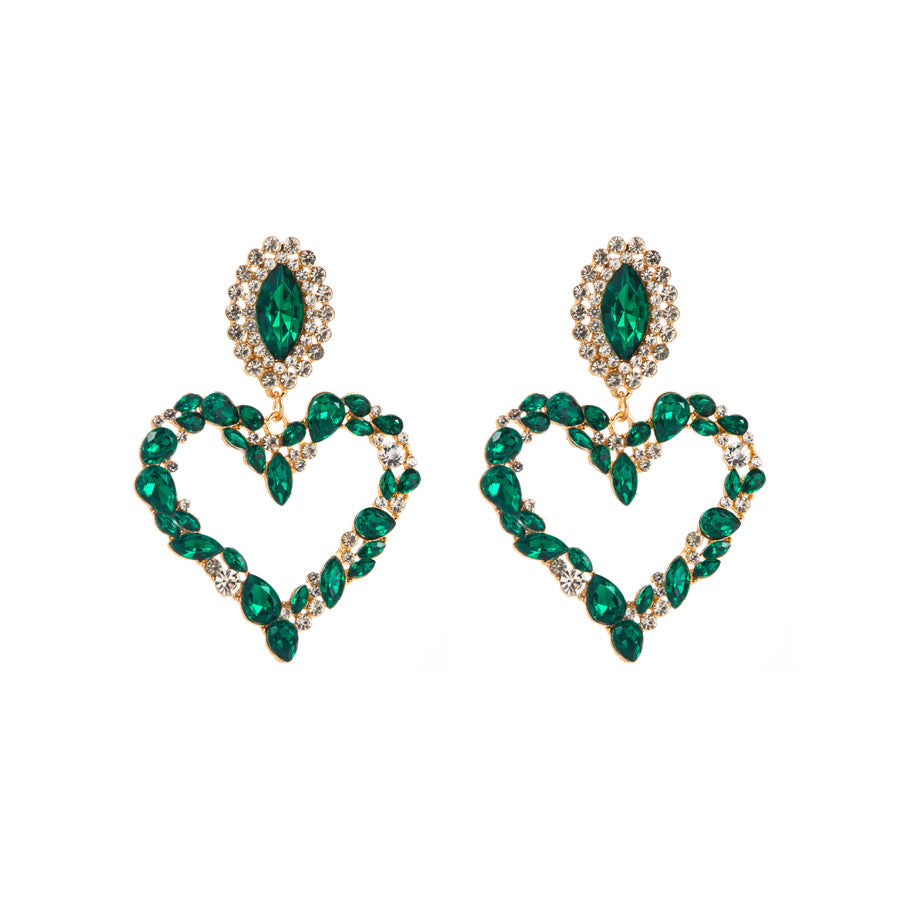 European and American popular heart-shaped alloy set with colored diamonds, retro temperament, exaggerated earrings, women's Korean version of the hipster, super flashy full of diamond earrings