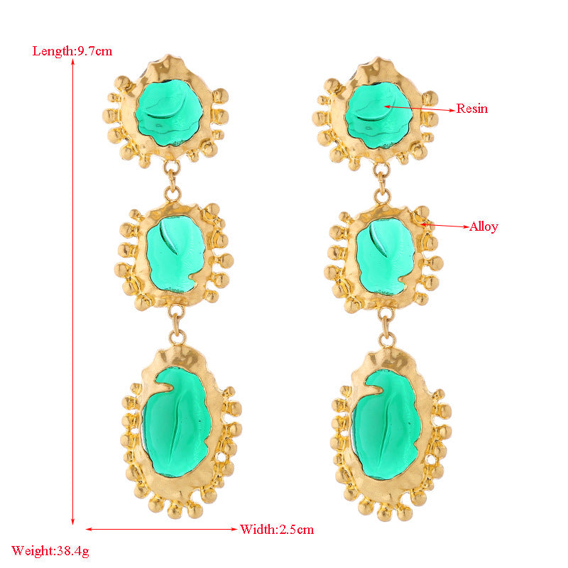 Vintage multi-layer alloy plated antique gold premium earrings feminine temperament vintage style resin inlaid banquet earrings earrings