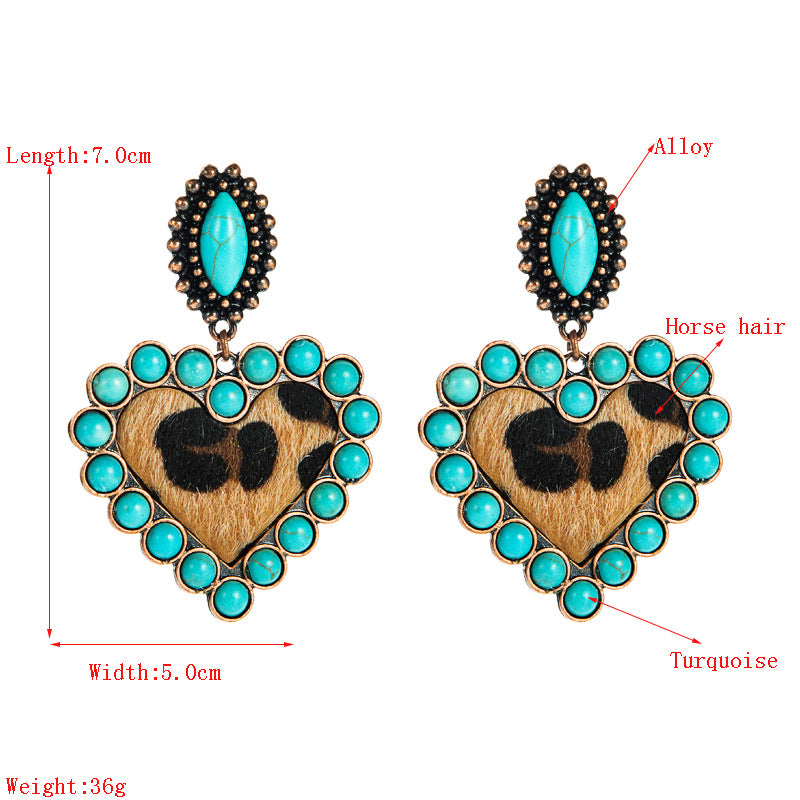 Amazon trendy earrings, European and American creative leopard print fabric, turquoise heart, exaggerated niche earrings