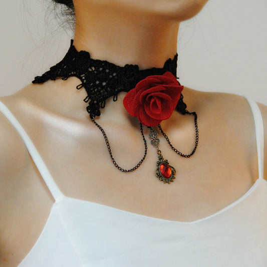 2024 European and American cross-border hot sale gothic red rose retro choker palace choker wedding lace necklace