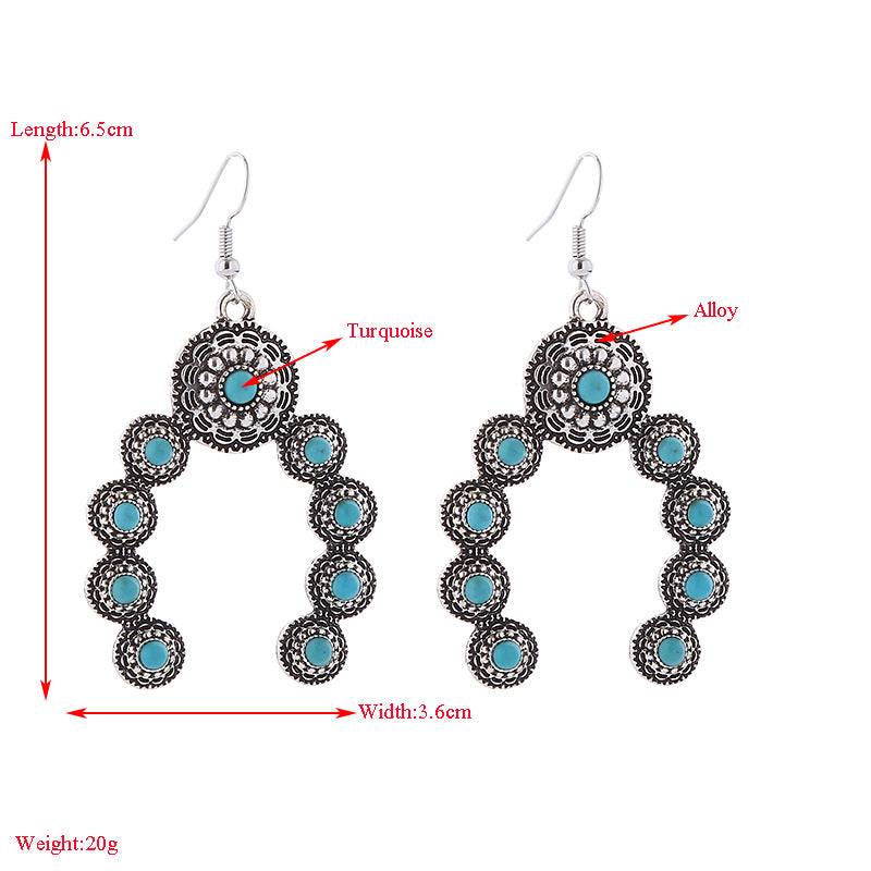 Cross-border Amazon independent station hot sale earrings, European and American retro alloy inlaid turquoise, creative exaggerated temperament earrings