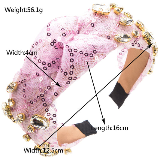 Korean version of the fashion new sequined headband, wide side knotted nails, glass diamonds, sweet temperament, head cave ball, super glitter hair accessories