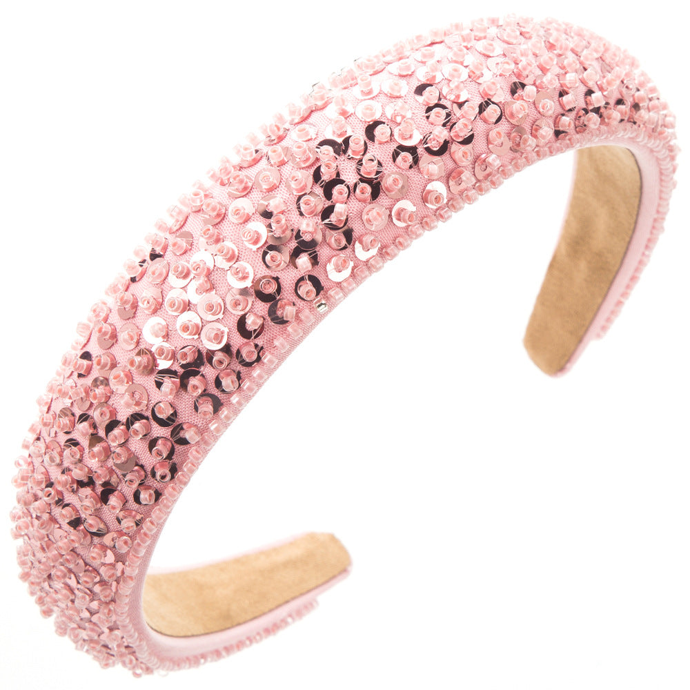 Korean version luxury handmade beaded crystal sequin headband women's simple super glitter wide-brimmed fashion high-end headband hair accessories
